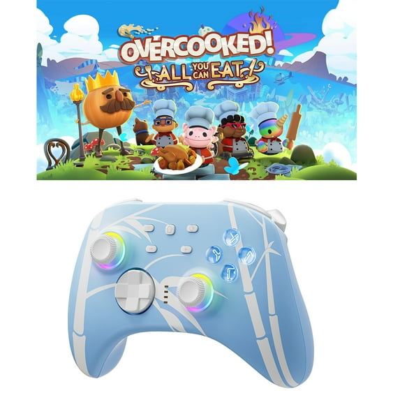 Overcooked! All You Can Eat Game Disc and Upgraded Switch Pro Controller for Nintendo Switch/PC/IOS/Android/Steam with Hall Effect Joysticks & Hall Effect Triggers Blue