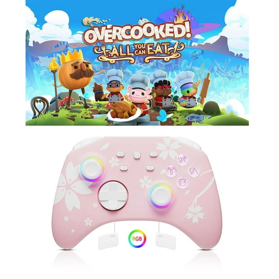 Overcooked! All You Can Eat Game Disc and Upgraded Switch Pro Controller for Nintendo Switch/OLED/Lite, Wireless Switch Remote for PC/IOS/Android/Steam Pink
