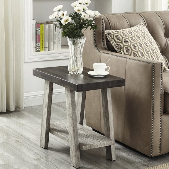Overextended rectangular top for more space - Weathered walnut and gray side table for spacious surface needs