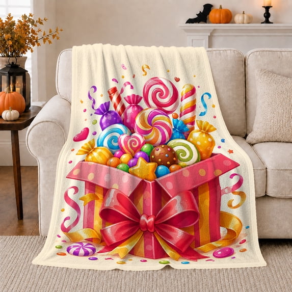Overflowing Present Box Candy Design Detailed Visual Pattern Cheerful Graphic Style Art Lovers Expressive Room Motif Warm Flannel Blanket, Housewarming Gift for Bedroom and Living Room Home Decor