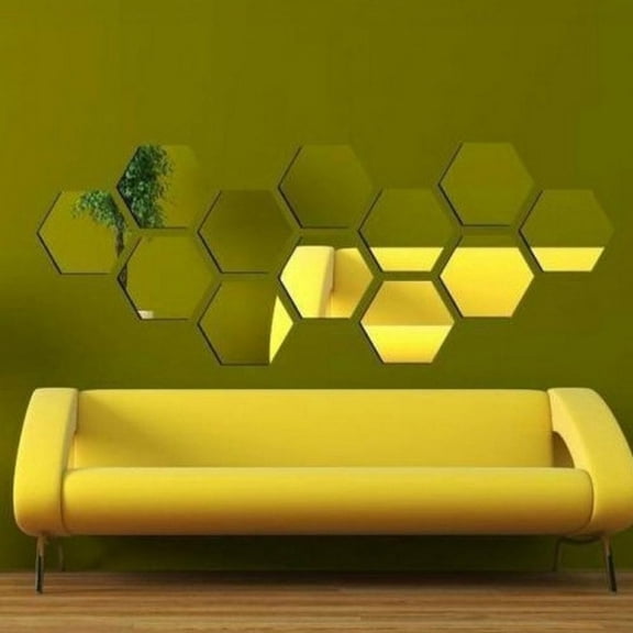 Overfox 12Pcs Hexagon Acrylic Mirror Wall Sticker DIY Home Decal Acrylic 3D Stickers for Living Room Home Decor (Yellow,S)
