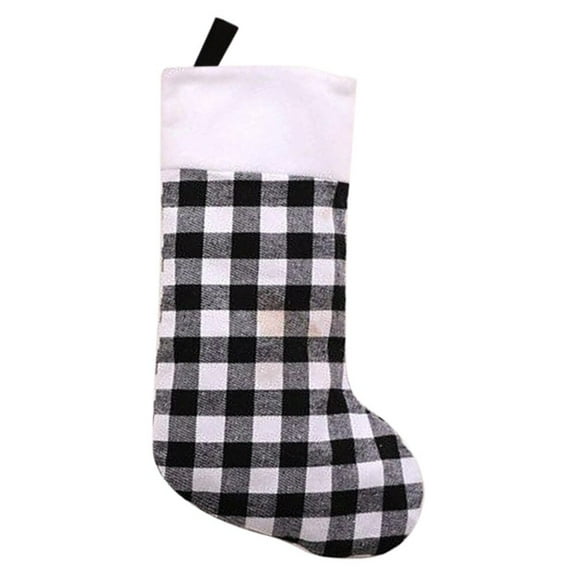 Overfox Black White Buffalo Plaid Christmas Stockings, 17" Small Plush Rustic Christmas Stocking Personalized for Xmas Burlap Decorations