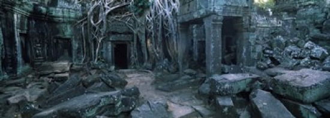 Overgrown tree roots on ruins of a temple Ta Prohm Temple Angkor Cambodia Canvas Art - Panoramic Images (18 x 7)