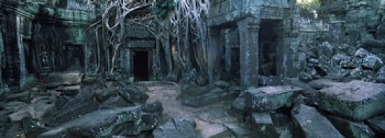 Overgrown tree roots on ruins of a temple Ta Prohm Temple Angkor Cambodia Canvas Art - Panoramic Images (36 x 13)