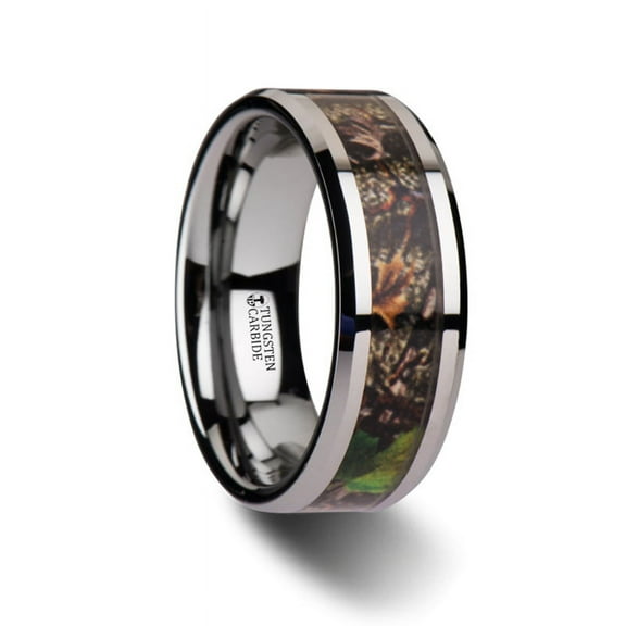 Overgrowth Realistic Tree Camo Tungsten Carbide Wedding Band With Green Leaves