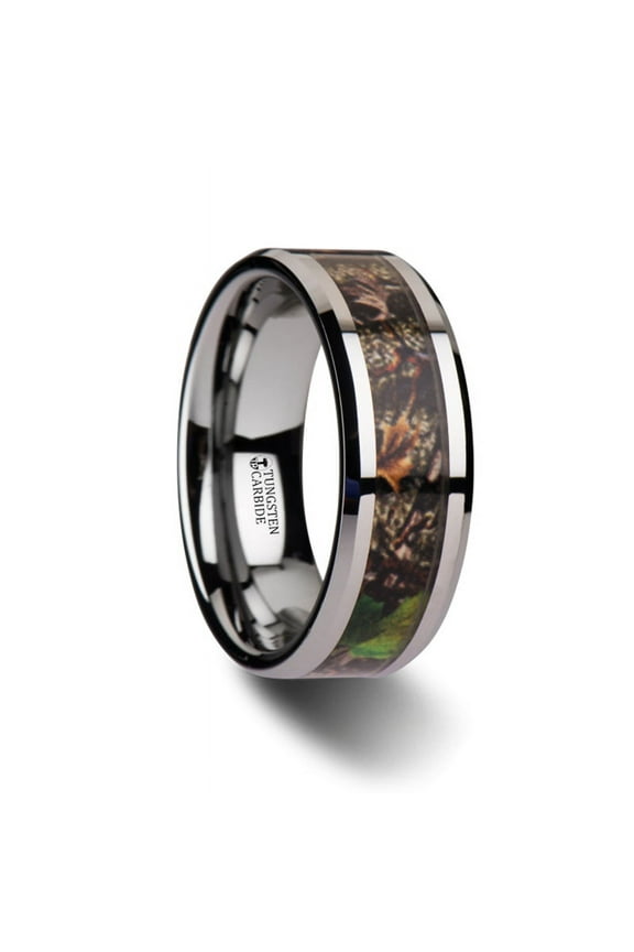 Overgrowth Realistic Tree Camo Tungsten Carbide Wedding Band With Green Leaves
