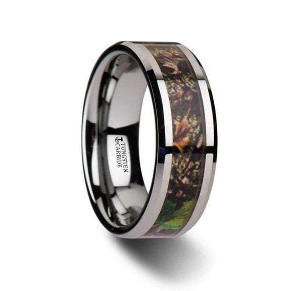 Overgrowth Realistic Tree Camo Tungsten Carbide Wedding Band With Green Leaves