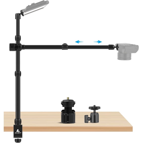 Overhead Camera Mount Desk Stand, 15.75"-33.45" Webcam Mount with 2-Section Adjustable Telescopic Boom Arm, C Clamp/Swiveling Ball Head for DSLR Camera, Ring Light, Webcam