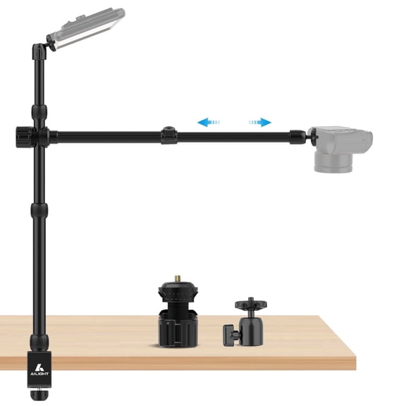 Overhead Camera Mount Desk Stand, 15"-33" Webcam Mount Light Stand with 2-Section Telescopic Boom Arm, C Clamp, 360° Ball Head