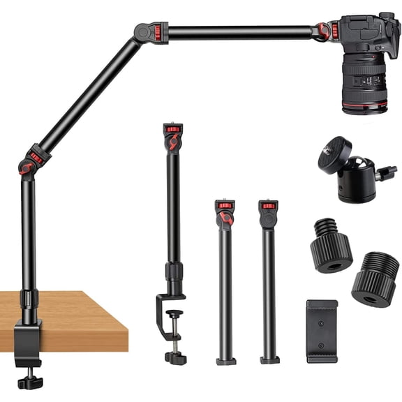 Overhead Camera Mount Desk Stand, 3-Section Flexible Detachable Articulating Arm with 1/4 3/8" 5/8" Screw&360 Ball Head, C-clamp Tabletop for DSLR Camera/Webcam/Microphone/Lights