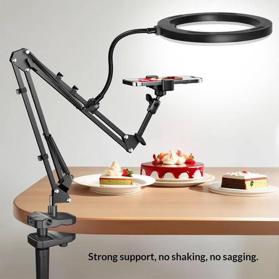 Overhead Camera Mount and Phone Holder with 10 Ring Light Adjustable Desk Tripod Stand Compatible with Logitech Webcam for YouTube, Live Streaming, TikTok, Cooking, Nail Video & Zoom Meetings