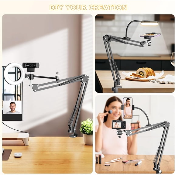 Overhead Camera Mount with Ring Light, Flexible Articulating Phone Arm Stand Compatible with iPhone, Logitech Webcam, Desk Tripod for YouTube Live Stream Cooking Nail Video Recording