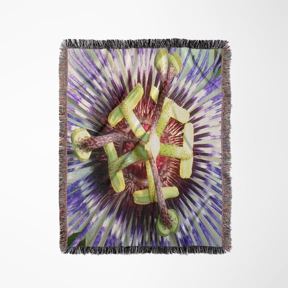 Overhead Close Up Photograph Of A Passion Flower Vine Blossom, Woven Blanket