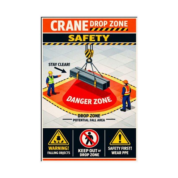Overhead Crane Safety Poster Drop Zone Warning Guide for Pedestrian Protection Jobsite Wall Art