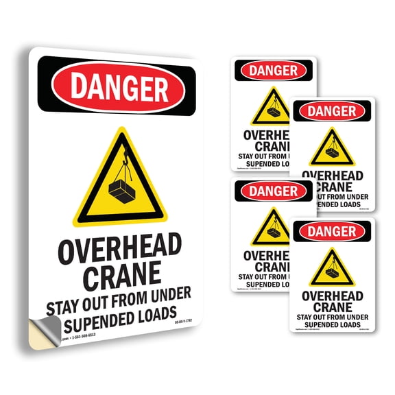 Overhead Crane Stay OSHA Danger Vinyl Decal Label 5 Inch x 3.5 Inch - 5 Pack