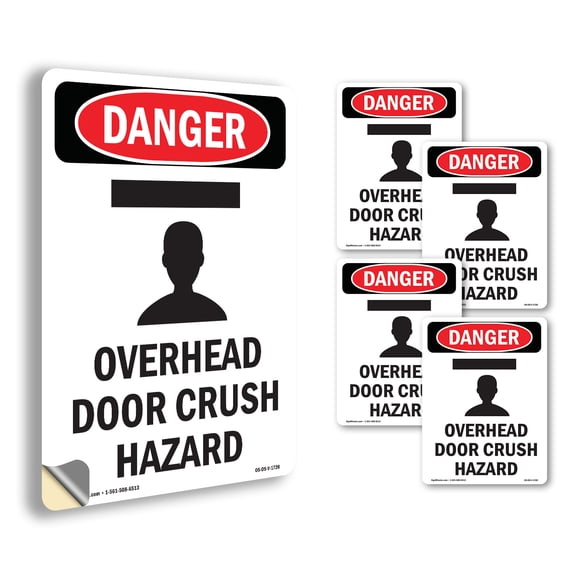 Overhead Door Crush Hazard OSHA Danger Vinyl Decal Label 7 Inch x 5 Inch - 5 Pack