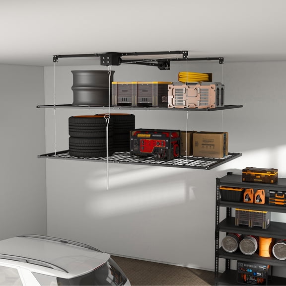 Overhead Double-Layer Garage Storage Rack 4x8 FT for High Ceilings 10-12 FT, 650LBS Capacity All-Steel Construction with Lock ,Smooth, Safe&Silent(Installation Required, Heavy-Duty Garage Organizer)