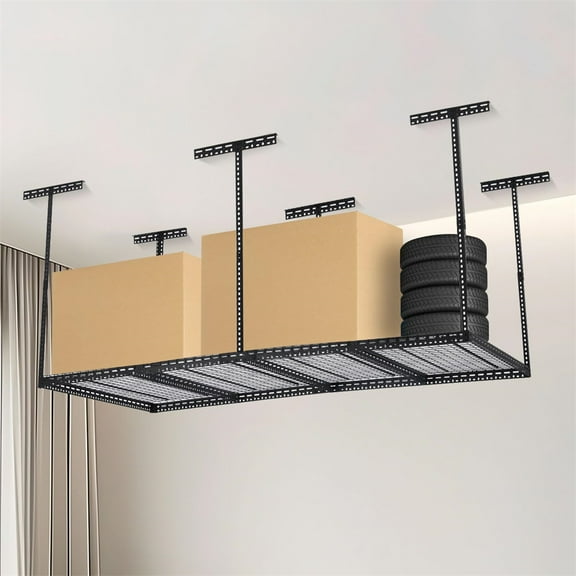 Overhead Garage Storage Rack, 22"-40" Height Adjustable Ceiling Storage Rack 660lbs Weight Capacity, Heavy Duty Metal Hanging Storage Shelves for Garage (Black)
