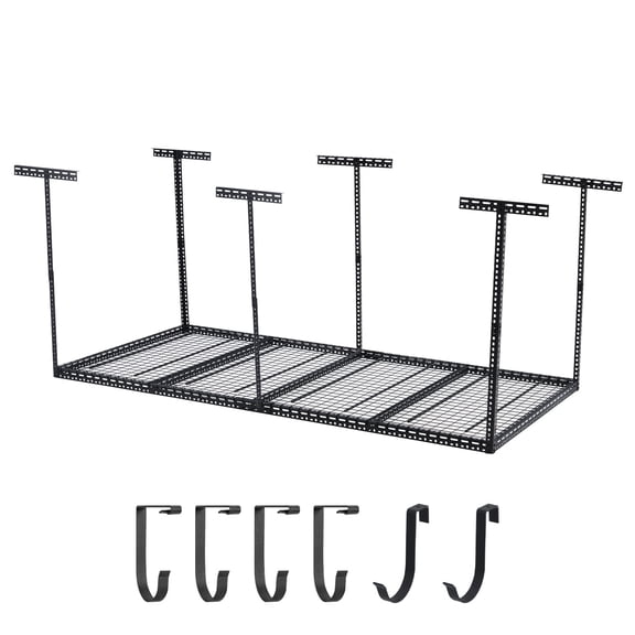 Overhead Garage Storage Rack 4x6 FT, Steel Ceiling Shelves 330lb Capacity, Height Adjustable 22-40 Inches, Space-Saving for Attic Basement Shed (Black, 4 Posts)