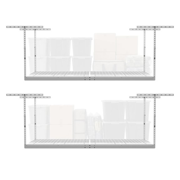 Overhead Garage Storage Rack, Ceiling Organizer Shelf Unit, For Workshop Basement Utility Room, Adjustable Height Heavy Duty Frame, Modern Industrial Style, White, Two Pack