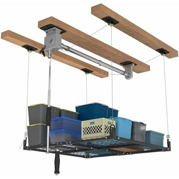 Overhead Garage Storage Rack,Garage Ceiling Lift System,4x4FT Lift Storage Rack with Secure Lock,Easy Up Down for 400 Pound Loads,Industrial-Grade Organization System$$Tools & Hardware Other