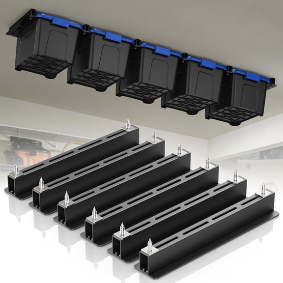 Overhead Garage Storage Rack, Garage Ceiling Storage Racks, Heavy Duty Storage Bin Ceiling Rails for 27 Gallon TotesTote Storage Rack System -Black (6 Sets for 5 Bins)