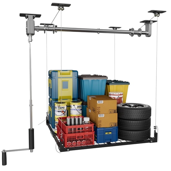 YOHKOH 4x4 Ft Overhead Garage Storage Lift, Heavy Duty Manual Ceiling Rack with Hand Crank & Pulley System, 400 Lbs Capacity Adjustable Storage Shelf for Garage Organization