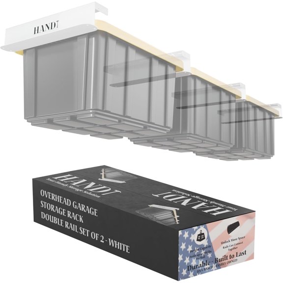 Overhead Garage Storage Rack System Heavy Duty Metal Ceiling Rails with Connectable Shelving Supports Up to 3 Bins White