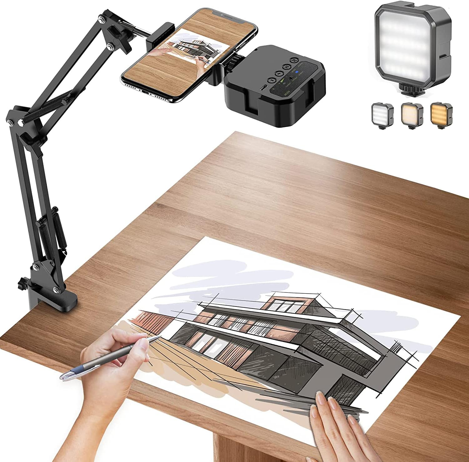 Overhead Phone Mount, Articulating Arm Cell Phone Holder with LED Light