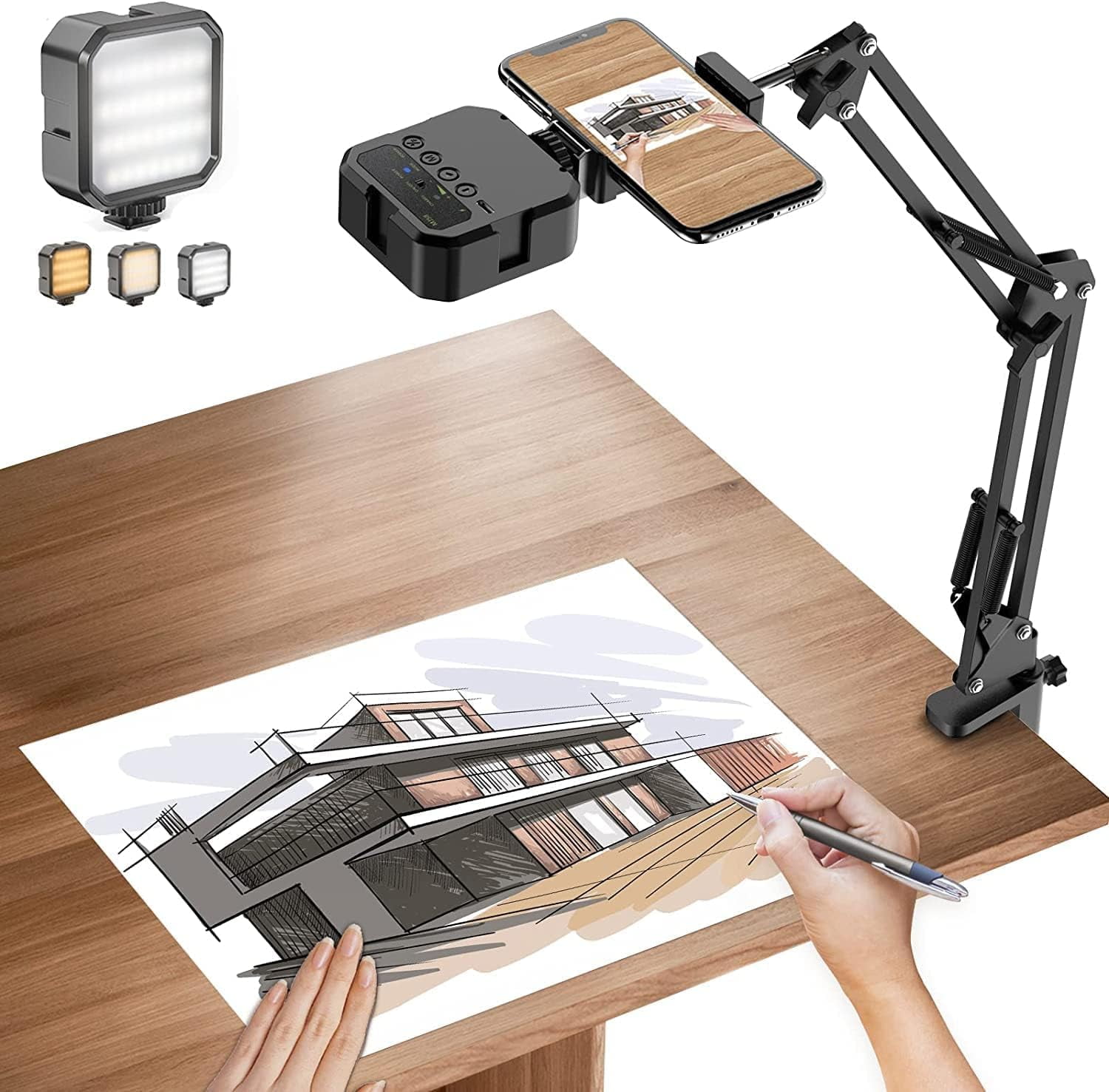 Overhead Phone Mount, Articulating Arm Cell Phone Holder with LED Light