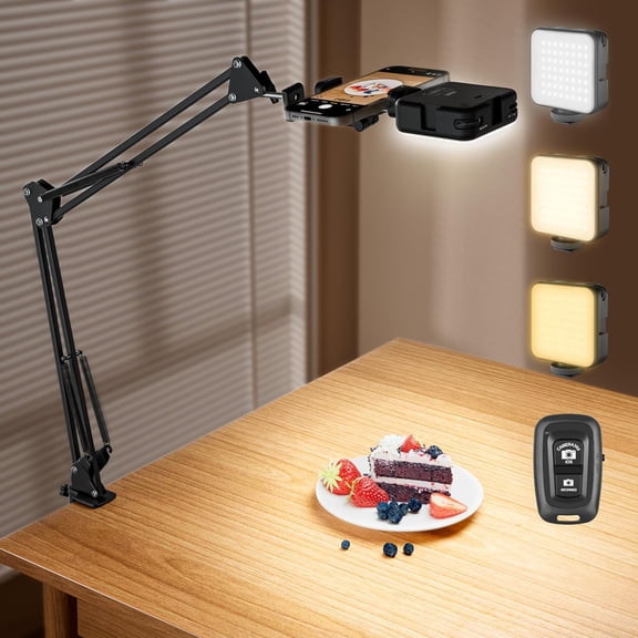 Overhead Phone Mount with LED Selfie Light and Bluetooth Remote, Rechargeable Ring Light Tripod Stand with Flexible Boom Arm, Desk Phone Holder for Video Recording, Live Streaming, TikTok,