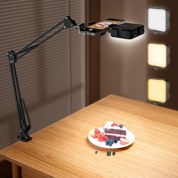 Overhead Phone Mount With Led Selfie Light And Remote Rechargeable Camera Tripod Stand Flexible Boom Arm Desk Holder For Video Recording Live Streaming Vlogging