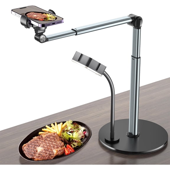 Overhead Phone Mount with Rechargeable Light and Flexible Magnetic Base for iPhone Table Tripod Black