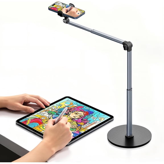Overhead Tripod for iPhone, Heavy Duty Aluminum Overhead Phone Mount, Angle & Height Adjustable, Telescopic Arm, Overhead Phone Stand for Recording, Live Streaming, Cooking, Filming (Clip)