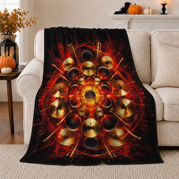 Overhead drum cymbal mandala black red gold Flannel Blanket for bedroom music room studio living room drummer Home Decor explosive rhythm art Gift for musicians