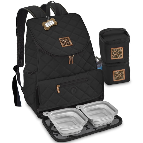 Mobile Dog Gear: Weekender Backpack - Black - Quilted Pet Travel Bag Holds Dog Accessories, Food Carriers, Silicone Bowls, Built-In Feeding Placemat
