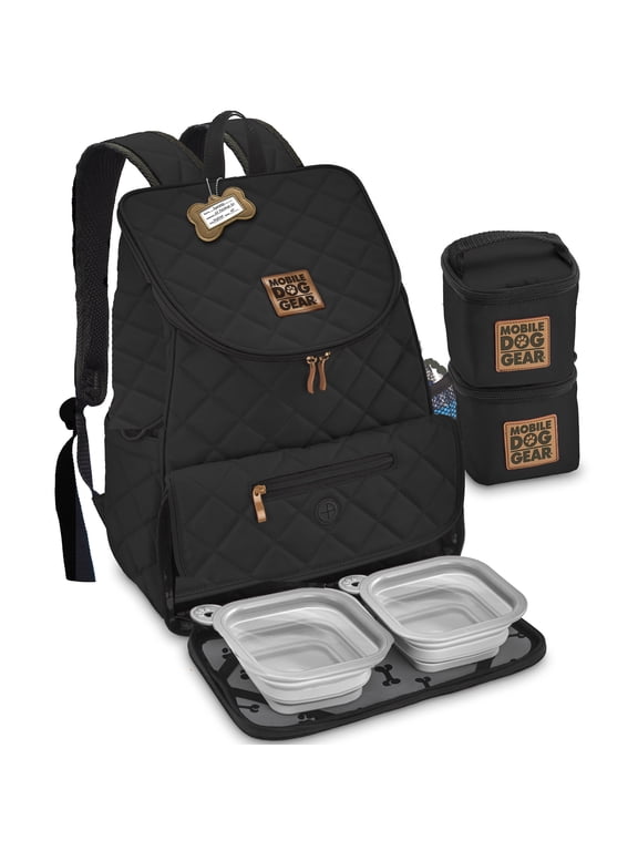 : Weekender Backpack - Black - Quilted Pet Travel Bag Holds Dog Accessories, Food Carriers, Silicone Bowls, Built-In Feeding Placemat