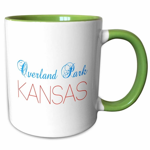 3drose, Overland Park, Kansas Blue, Red Text. Patriotic Home Town Design, 11oz Two-tone Green Mug
