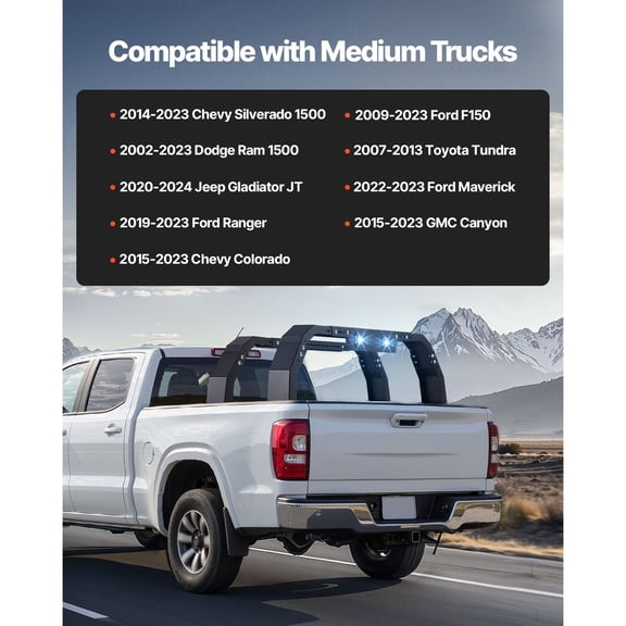 Overland Truck Bed Rack,14.4-17.3 in Height,Adjustable Bed Cargo Rack with Security LED Light,Compatible with Ram 1500/Tundra/Silverado 1500/F150/Gladiator JT/Colorado/Canyon/Ranger/Maverick