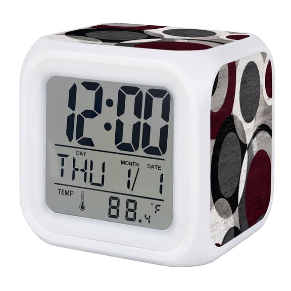 Overlapping Circular Rings Alarm Clock, Minimalist Abstract Red Black Texture Digital Clock Night Light with 7 Color, Calendar Temperature Display, LED Desk Small Clock for Bedrooms Living Room