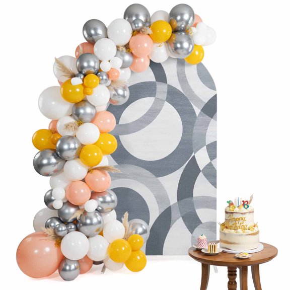 Overlapping Circular Rings Arch Backdrop Cover 4FT Abstract Minimalist Slate Gray Texture Spandex Fitted Arch Covers Stretchy Backdrop Decoration for Wedding Birthday Graduation Party