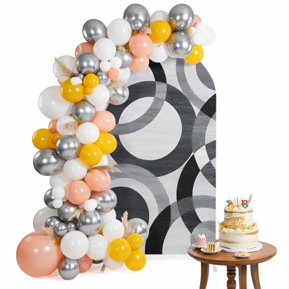 Overlapping Circular Rings Arch Backdrop Cover 4FT Minimalist Abstract Gray Black Texture Spandex Fitted Arch Covers Stretchy Backdrop Decoration for Wedding Birthday Graduation Party