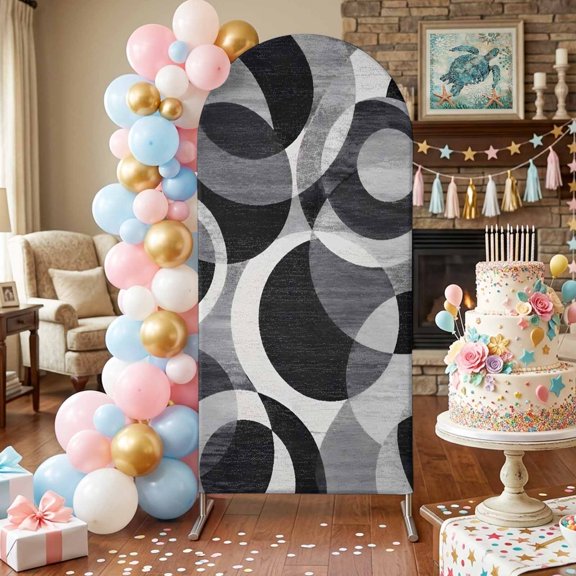 Overlapping Circular Rings Arch Backdrop Covers 4 FT, Minimalist Abstract Black Gray Texture Stretchy Fitted Arched Stand Covers Party Arch Stand Cover Photo Booth for Wedding Birthday Decor