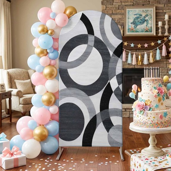 Overlapping Circular Rings Arch Backdrop Covers 4 FT, Minimalist Abstract Gray Black Texture Stretchy Fitted Arched Stand Covers Party Arch Stand Cover Photo Booth for Wedding Birthday Decor
