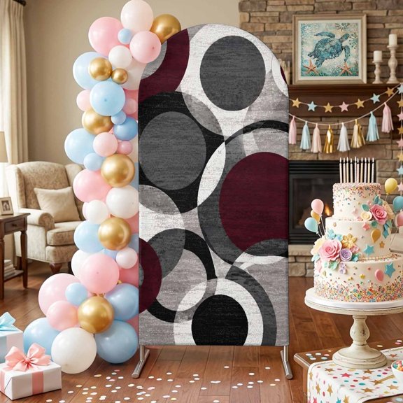 Overlapping Circular Rings Arch Backdrop Covers 4 FT, Minimalist Abstract Red Black Texture Stretchy Fitted Arched Stand Covers Party Arch Stand Cover Photo Booth for Wedding Birthday Decor