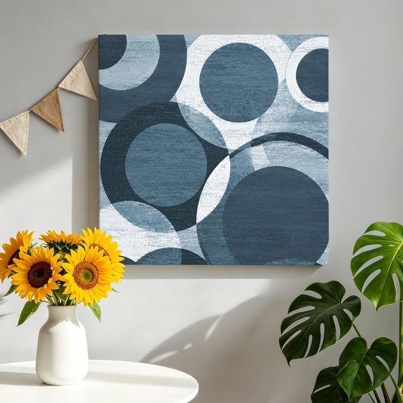 Overlapping Circular Rings Canvas Wall Art, Minimalist Abstract Denim Blue Texture Framed Canvas Wall Decor Picture Print Artwork Decorations for Living Room Office Ready to Hang 8" x 8"