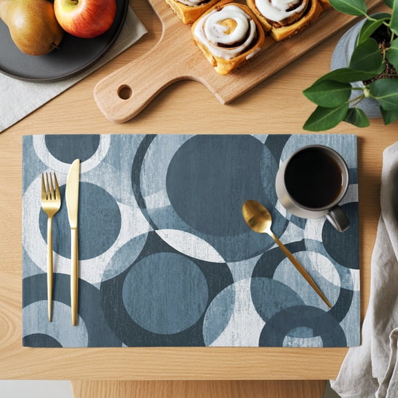 Overlapping Circular Rings Placemats Set of 1 Minimalist Abstract Denim Blue Texture Heat Insulation Washable Place Mats, Non-Slip Table Mats for Dining Table Party Kitchen Decor, 13x19 Inch
