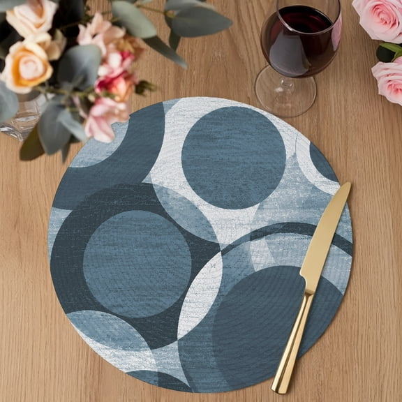 Overlapping Circular Rings Round Braided Placemats Set of 2, Minimalist Abstract Denim Blue Texture Heat Insulation Place Mats Washable Non-Slip Table Mats for Kitchen Dining Party, 13 Inches