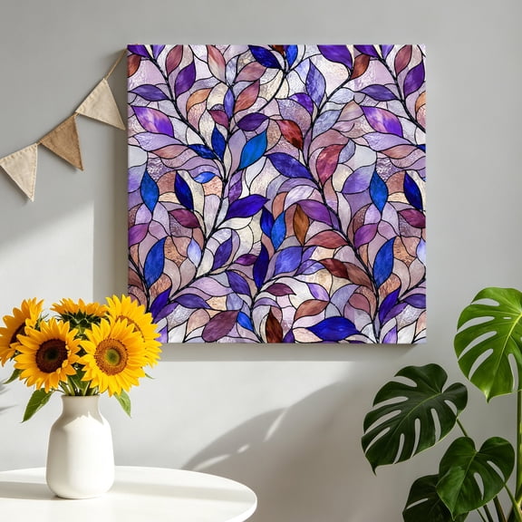 Overlapping Leaf Canvas Wall Art for Living Room, Vintage Traditional Purple Blue Glass Texture Poster Print Painting for Bedroom Office Home Decoration Wall Pictures Prepare To Hang 8"x8"