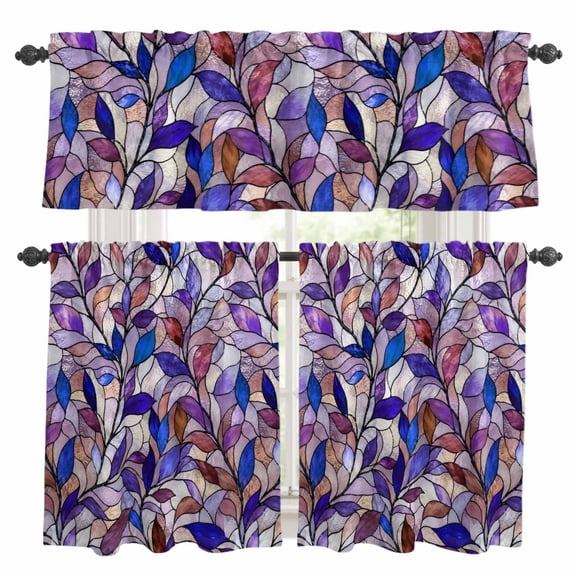 Overlapping Leaf Kitchen Curtains and Valances Set, Vintage Traditional Purple Blue Glass Texture 3 Piece Curtains Valances and Tiers Set Rod Pocket for Kitchen Bathroom Windows 36 Inch